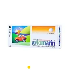 Opakowanie leku aviomarin z rysunkiem pomarańczowego autka, żaglowca i samolotu. 5 tabletek.