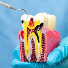 Model zęba z widocznym ubytkiem i narzędziem dentystycznym. Zastanawiasz się nad leczeniem kanałowym? Cena może być niższa niż myślisz.
