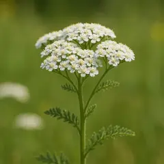Kwiatostan krwawnika pospolitego, znanego z licznych właściwości leczniczych, na tle zielonej łąki.