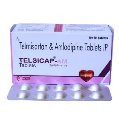 Opakowanie leku Telsicap-AM, zawierające telmisartan i amlodypinę. Pudełko z blistrem tabletek.