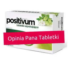 Opakowanie tabletek uspokajających "positivum" z chmielem i melisą. Pan Tabletki poleca jako najmocniejszy lek na uspokojenie bez recepty.