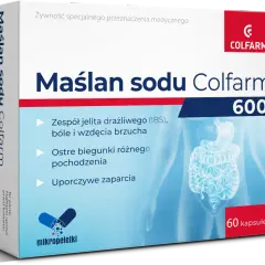 Maślan sodu Colfarm 600 to żywność specjalnego przeznaczenia medycznego, która pomaga w zespole jelita drażliwego, biegunkach i zaparciach.