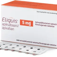 Opakowanie leku Eliquis 5 mg, zawierające 168 tabletek. To lek na receptę, a jego zamiennik może być dostępny w aptece.