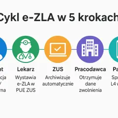 Cykl e-ZLA w 5 krokach: Pacjent (konsultacja), Lekarz (wystawia e-ZLA), ZUS (archiwizuje), Pracodawca (otrzymuje dane), Pacjent (sprawdza L4 online).