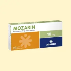 Opakowanie leku Mozarin 10 mg, zawierające 28 tabletek powlekanych. Stosowany na depresję i zaburzenia lękowe.