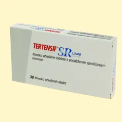 Opakowanie leku Tertensif SR 1,5 mg z indapamidem, zawierające 30 tabletek.