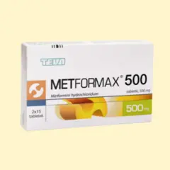 Opakowanie Metformax 500 mg, zawierające 2x15 tabletek. Metformina bez recepty w wygodnym opakowaniu.