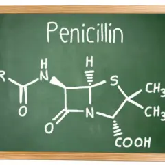 Struktura chemiczna penicyliny narysowana kredą na zielonej tablicy.