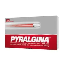 Opakowanie leku Pyralgina z 20 tabletkami, zawierające metamizol, na silny ból i gorączkę.
