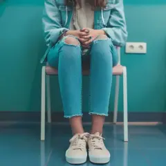 Dziewczyna w podartych dżinsach siedzi na krześle, czekając na wizytę. Jej dłonie splecione na kolanach mogą sugerować niepokój lub pochwicę.