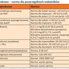 Tabela z normami badań wątrobowych. Wiersz "Bilirubina całkowita" podaje zakresy dla różnych typów bilirubiny.