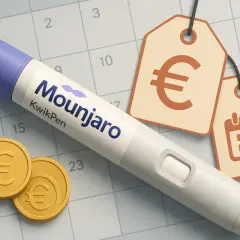 Mounjaro KwikPen na tle kalendarza z monetami euro i metkami cenowymi. Sprawdź aktualną mounjaro 10 mg cena.