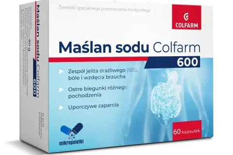 Maślan sodu Colfarm 600 to żywność specjalnego przeznaczenia medycznego, która pomaga w zespole jelita drażliwego, biegunkach i zaparciach.