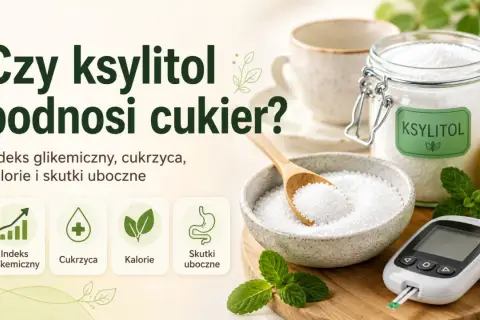Ksylitol co to? Słodzik, indeks glikemiczny, cukrzyca, kalorie i skutki uboczne. Słoik z ksylitolem, miska, łyżka, cytryna, mięta i glukometr.
