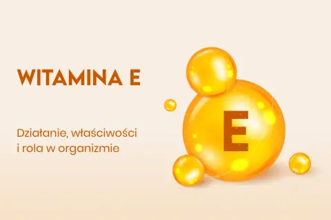 Wielka kropla z literą E symbolizuje witaminę E, kluczową dla zdrowia.
