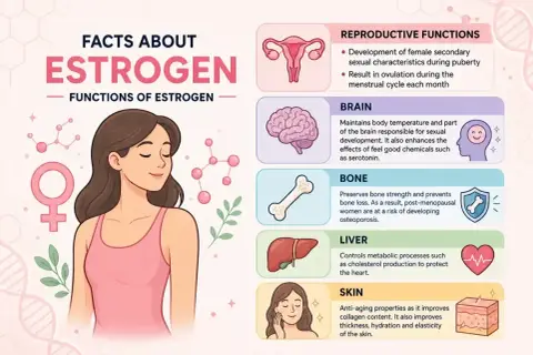 Ilustracja przedstawia kluczowe funkcje estrogenu, ważnego hormonu dla kobiet, wpływając na reprodukcję, mózg, kości, wątrobę i skórę.