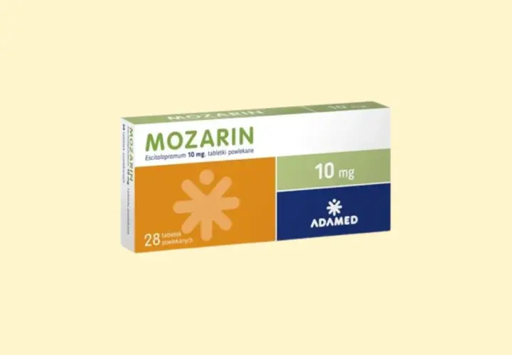 Opakowanie leku Mozarin 10 mg, zawierające 28 tabletek powlekanych. Stosowany na depresję i zaburzenia lękowe.