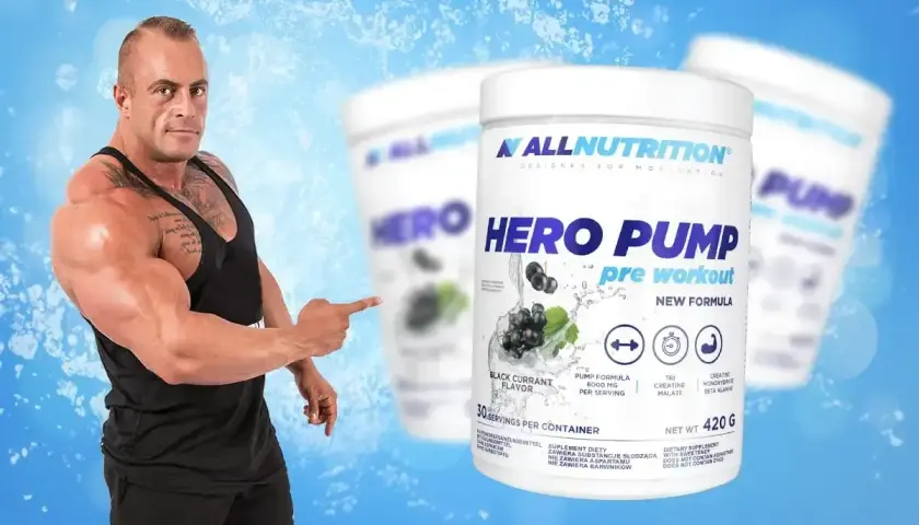 Mięśniak wskazuje na suplement Hero Pump, który dzięki cytrulinie daje lepszy trening.