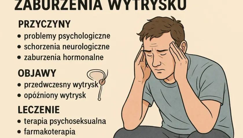 Mężczyzna z bólem głowy, problemy z wytryskiem, przyczyny, objawy i leczenie.