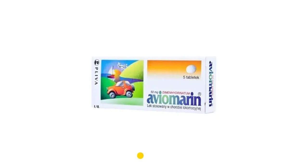 Opakowanie leku aviomarin z rysunkiem pomarańczowego autka, żaglowca i samolotu. 5 tabletek.