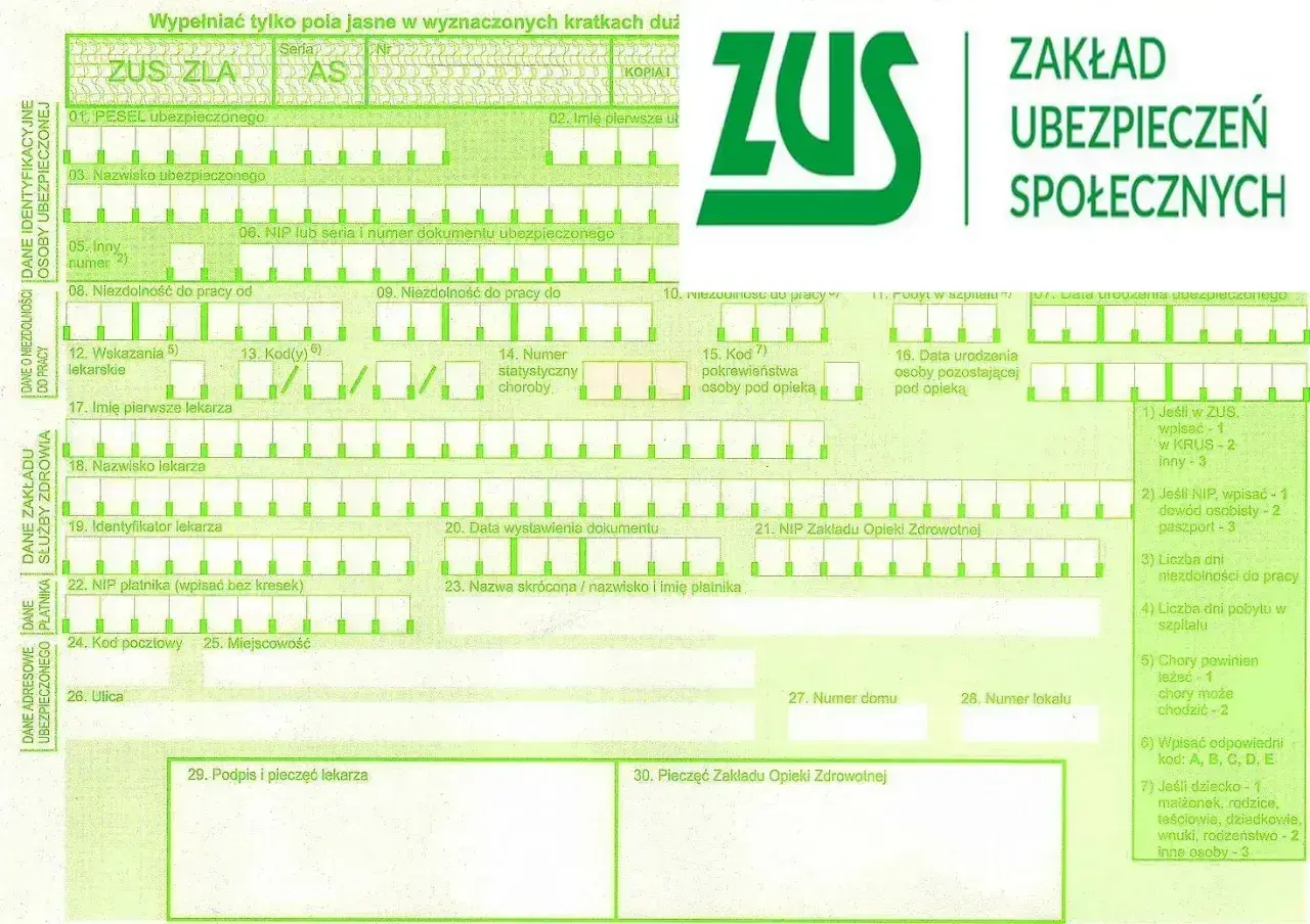 Formularz ZUS ZLA, który określa, ile można być na L4, z logo ZUS.