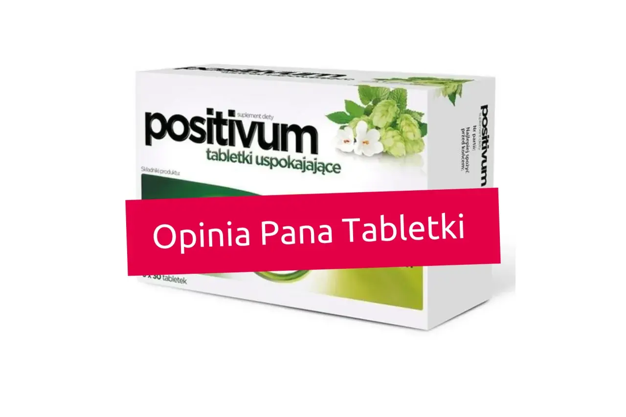 Opakowanie tabletek uspokajających "positivum" z chmielem i melisą. Pan Tabletki poleca jako najmocniejszy lek na uspokojenie bez recepty.