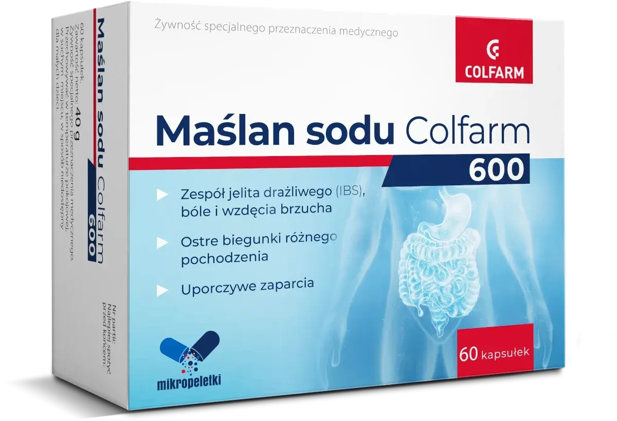 Maślan sodu Colfarm 600 to żywność specjalnego przeznaczenia medycznego, która pomaga w zespole jelita drażliwego, biegunkach i zaparciach.