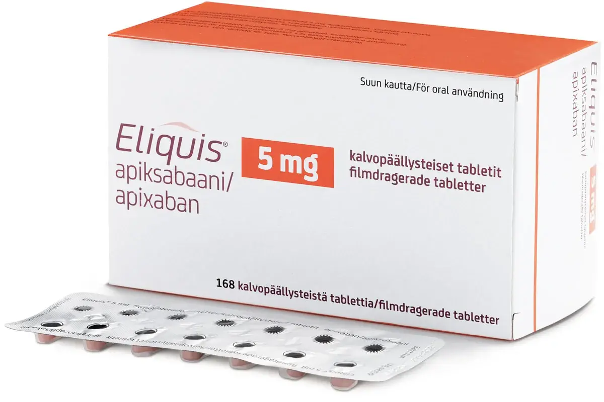 Opakowanie leku Eliquis 5 mg, zawierające 168 tabletek. To lek na receptę, a jego zamiennik może być dostępny w aptece.