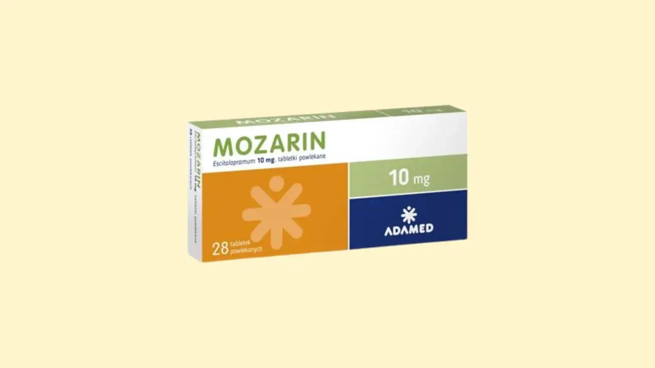 Opakowanie leku Mozarin 10 mg, zawierające 28 tabletek powlekanych. Stosowany na depresję i zaburzenia lękowe.