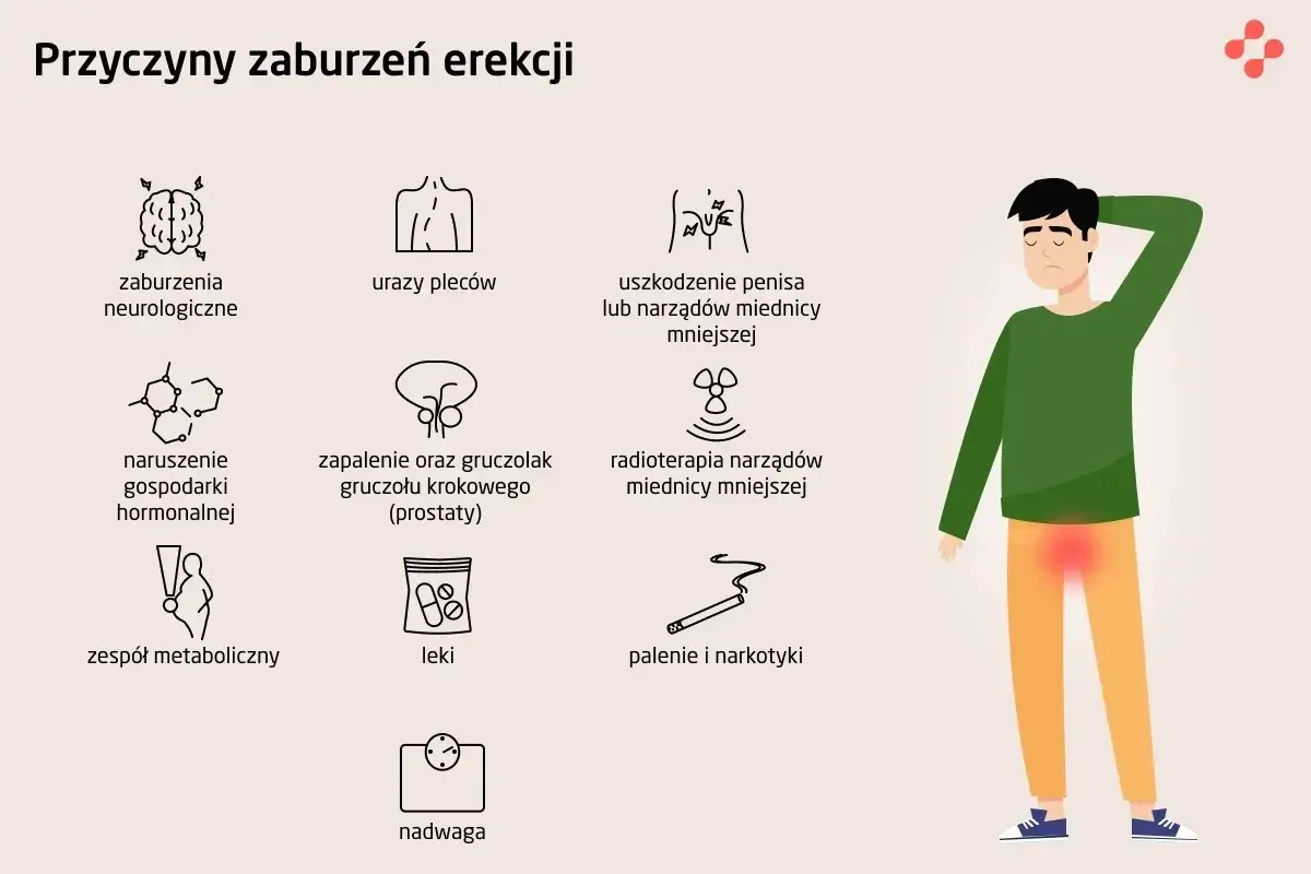 Ilustracja przedstawia przyczyny impotencji: problemy neurologiczne, urazy, uszkodzenia, zaburzenia hormonalne, choroby prostaty, radioterapię, zespół metaboliczny, leki, nadwagę, palenie i narkotyki.