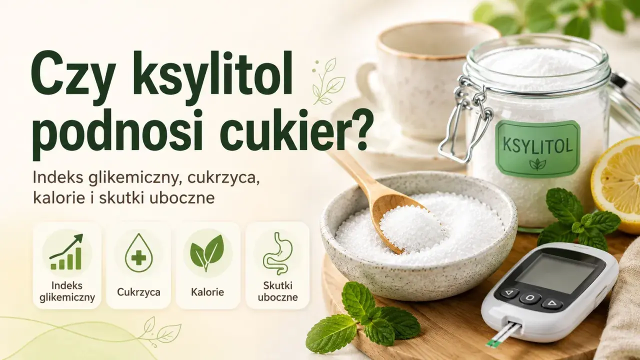 Ksylitol co to? Słodzik, indeks glikemiczny, cukrzyca, kalorie i skutki uboczne. Słoik z ksylitolem, miska, łyżka, cytryna, mięta i glukometr.