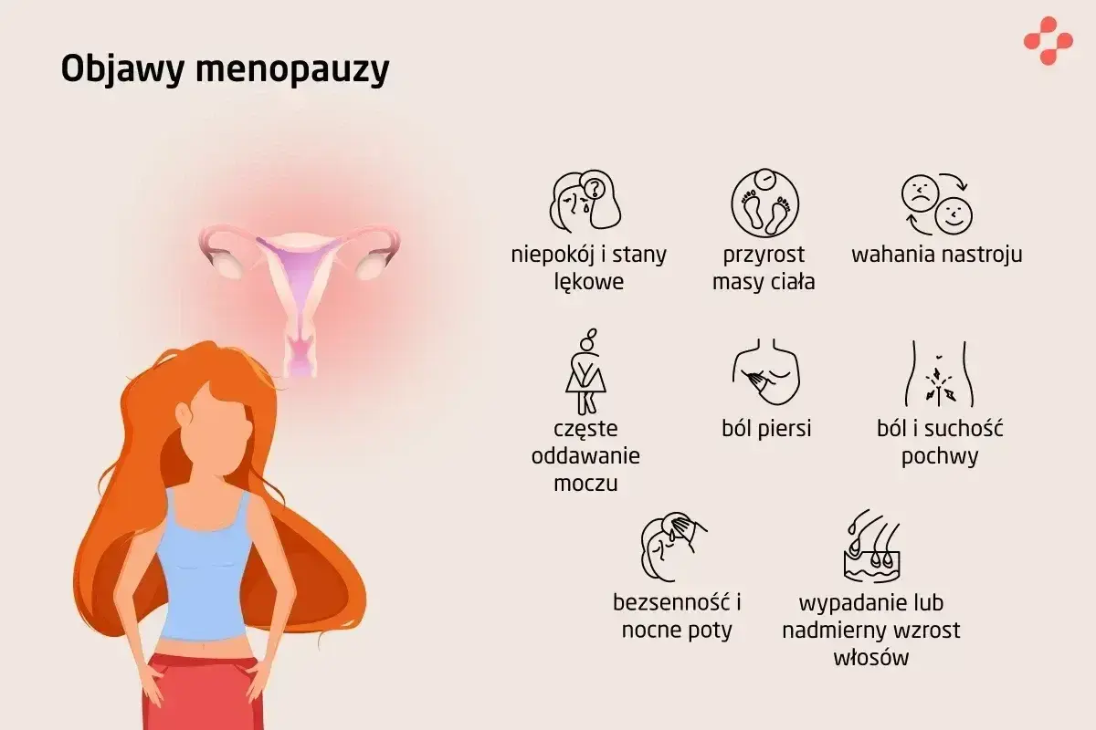Objawy menopauzy: niepokój, przyrost masy ciała, wahania nastroju, częste oddawanie moczu, ból piersi, suchość pochwy, bezsenność, nocne poty, wypadanie lub nadmierny wzrost włosów. HTZ co to?