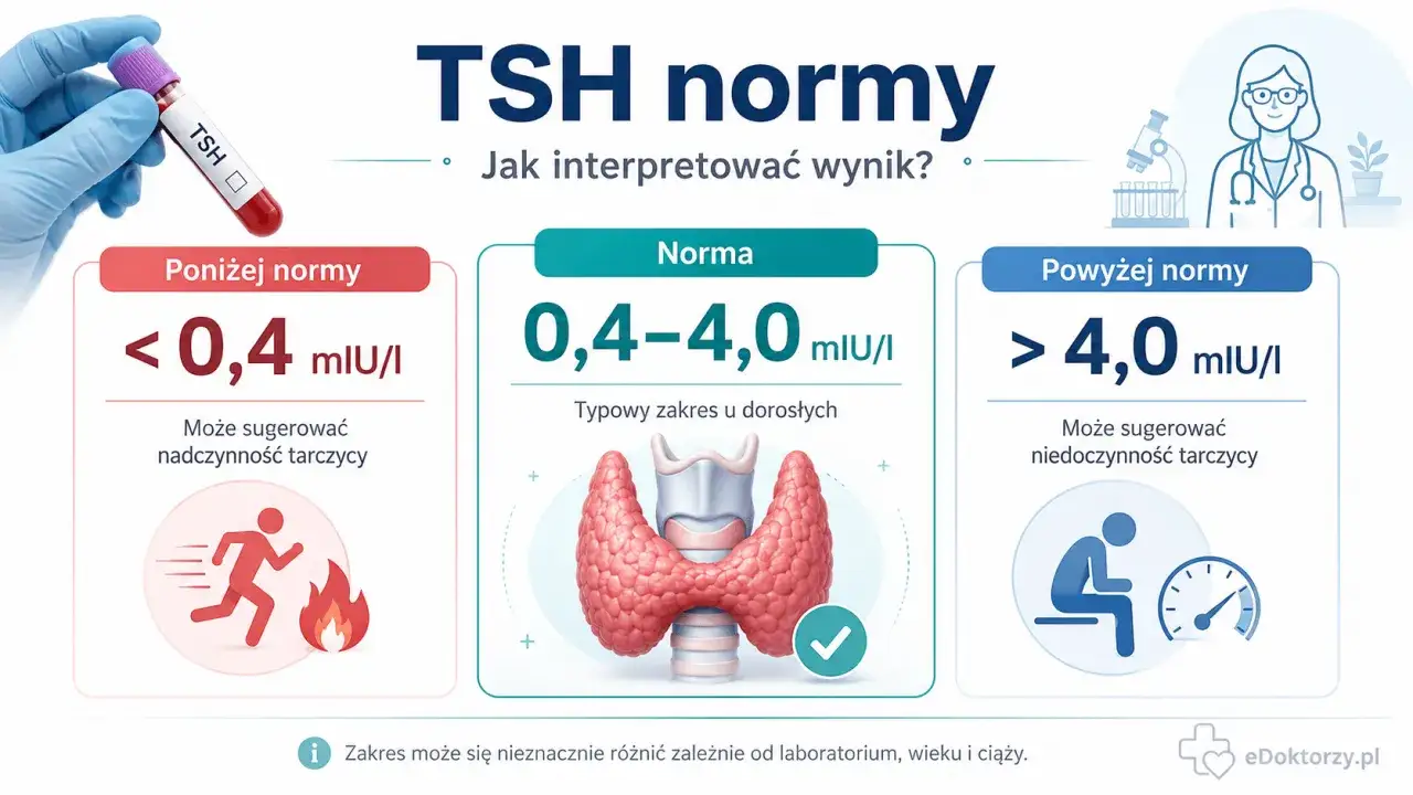 Wyniki TSH: poniżej normy (<0,4 mIU/I) sugerują nadczynność, norma (0,4-4,0 mIU/I) to typowy zakres, a powyżej normy (>4,0 mIU/I) może oznaczać niedoczynność tarczycy.
