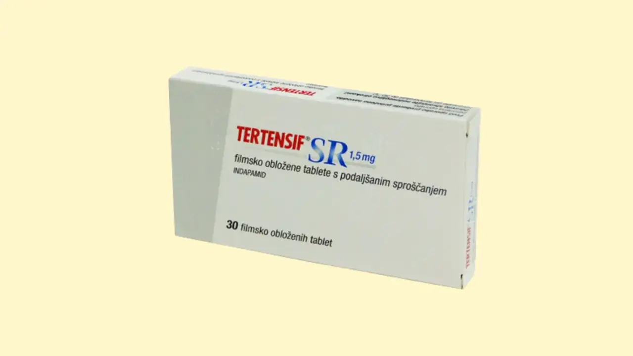 Opakowanie leku Tertensif SR 1,5 mg z indapamidem, zawierające 30 tabletek.