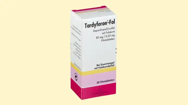 Opakowanie Tardyferon-Fol, leku na receptę zawierającego żelazo i kwas foliowy, stosowanego przy niedoborach.